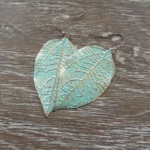 Teal Metal Leaf Earrings